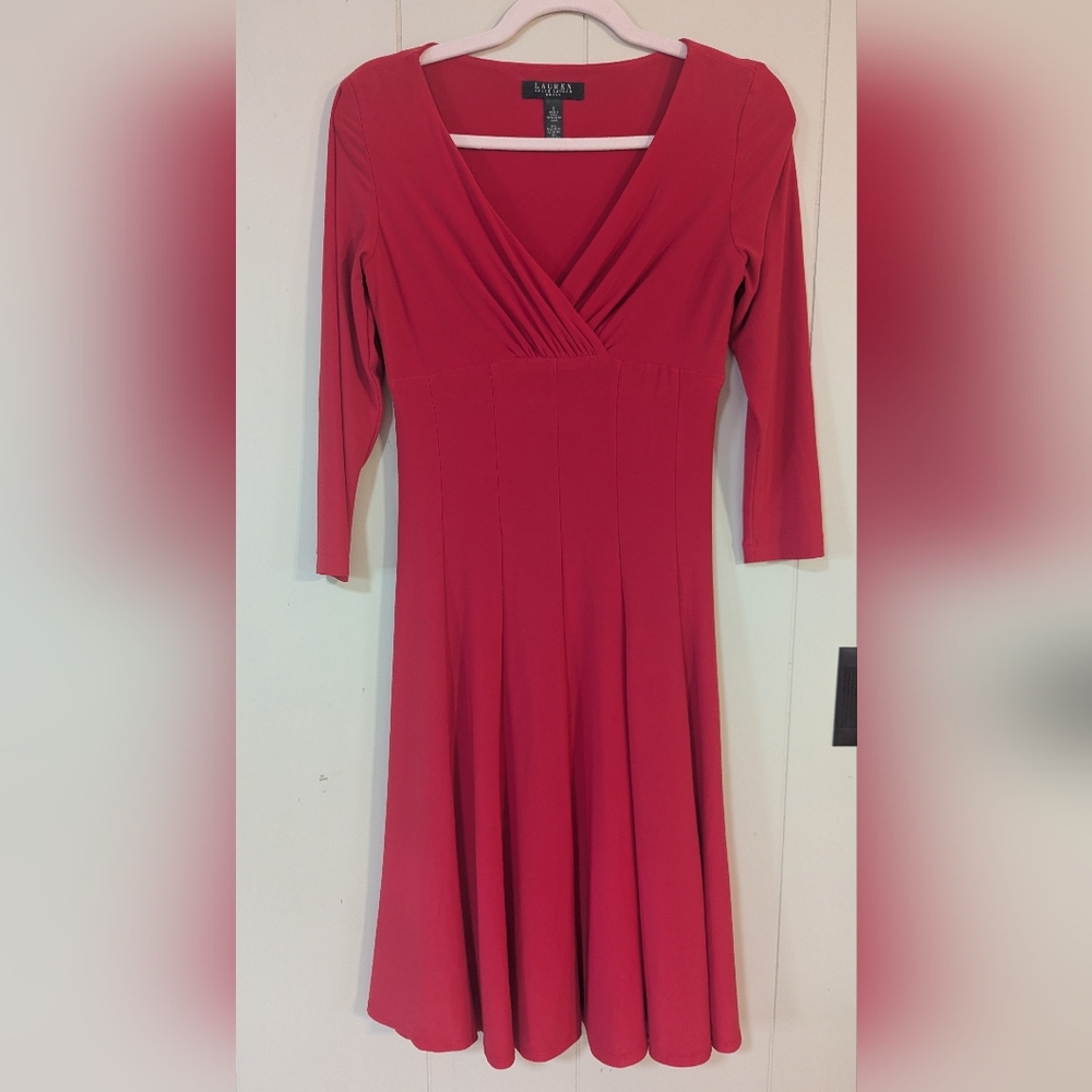 Ralph Lauren Size 2 Red Women's Elegant Red Midi Dress, V-Neck